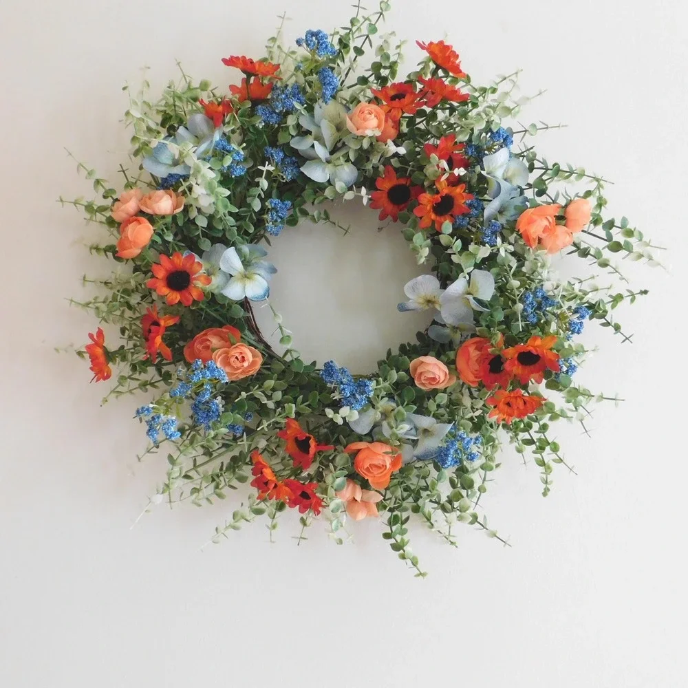 Wildflower Summer Wreath Wire Vine, Front Door, Blue Hydrangea, sunflowers